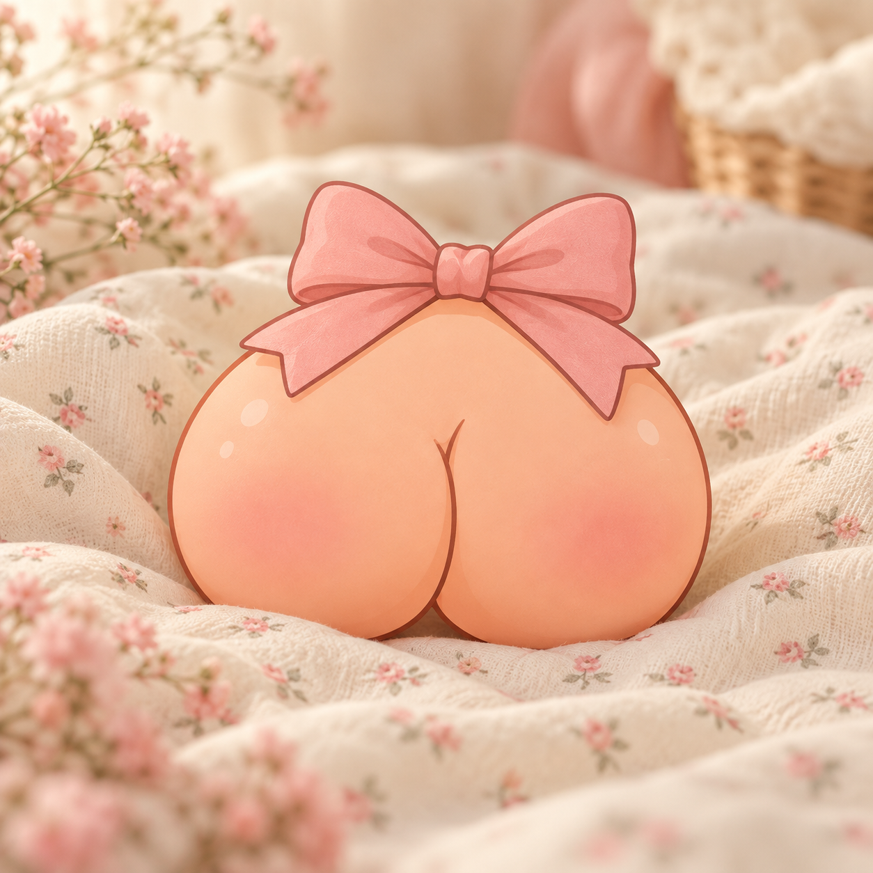A cartoon PBUTT with a pink bow nestled on floral fabric